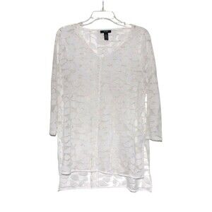 Alfani Lace Cover Up  Top Blouse  3/4 Sleeve Sheer White Women's Size PL